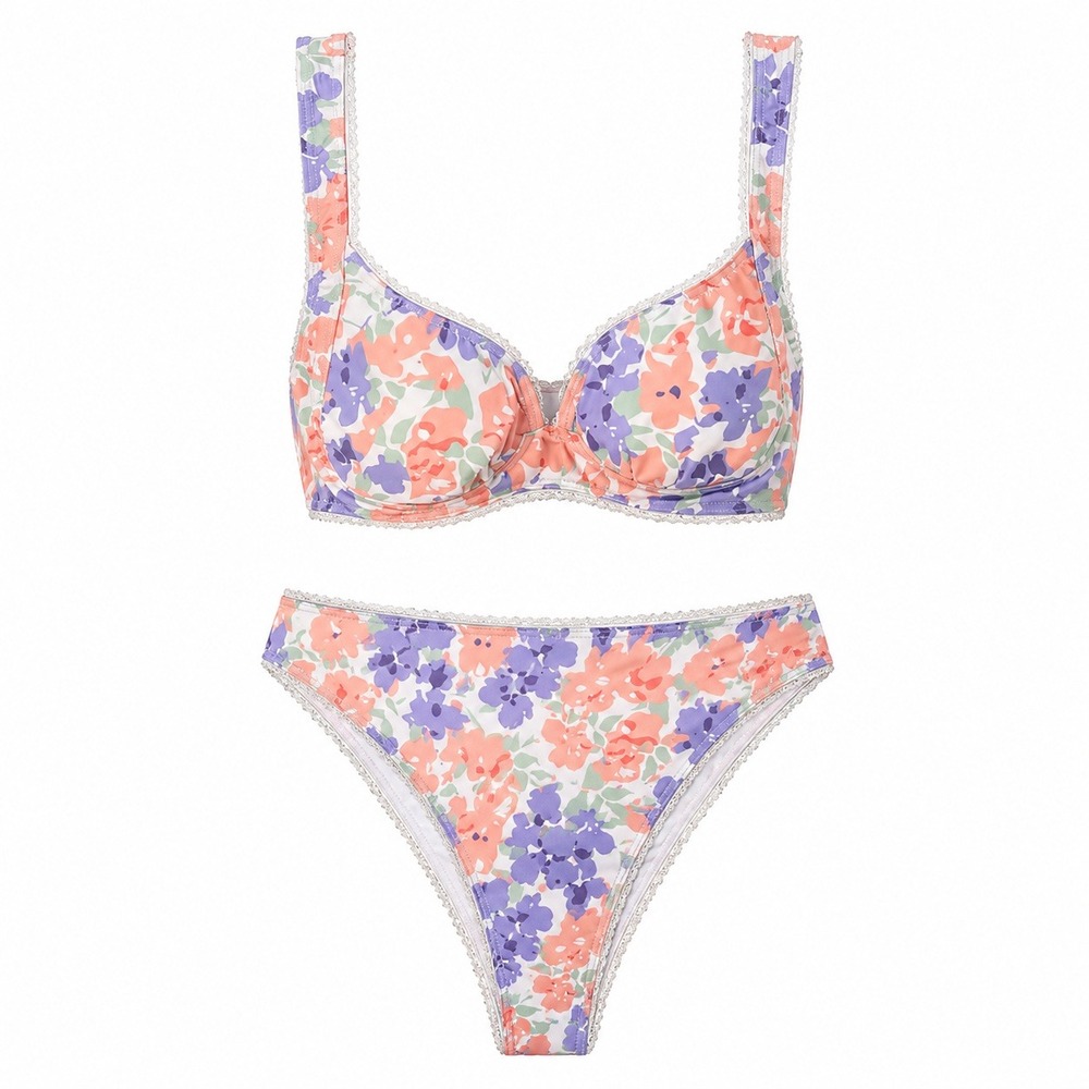 Floral Crochet Lace Trim Bikini Set XS Pastel Purple High Cut Two Piece Swimsuit